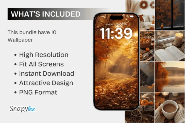 Fall Wallpaper Feature Images 7 Fall wallpaper bundle preview showing cozy autumn scenes, warm colors, and product details highlighting high-resolution png designs.