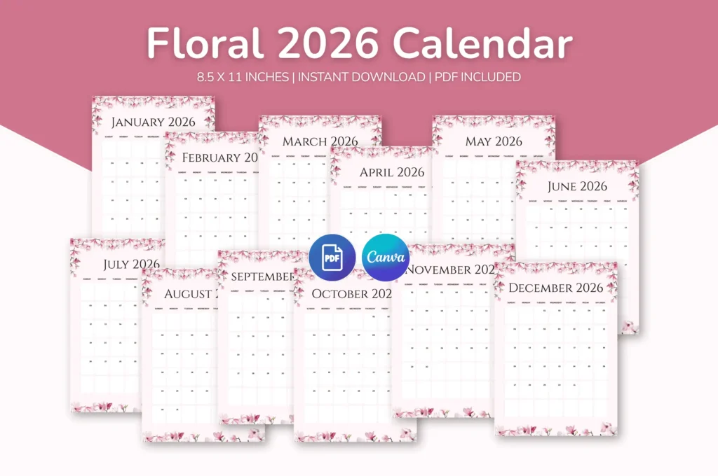Floral 2026 printable calendar showing all months in soft pink design, 8.5x11 inches, instant download PDF and Canva editable