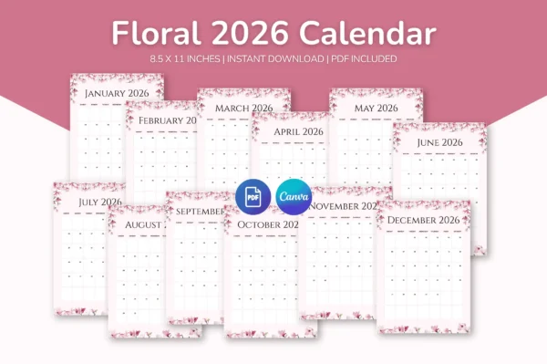 Flowers Calendar 2026 Feature Images 1 Floral 2026 printable calendar showing all months in soft pink design, 8. 5x11 inches, instant download pdf and canva editable