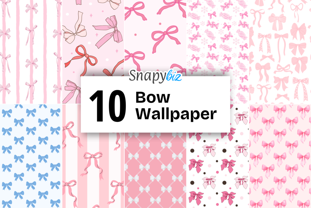 Collage of cute pink bow phone wallpapers with pastel ribbon patterns, stripes, polka dots, and girly aesthetic backgrounds collection