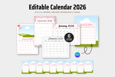 Editable Calendar 2026 Canva template with six versions, floral and minimal designs, 8.5x11 printable layout included