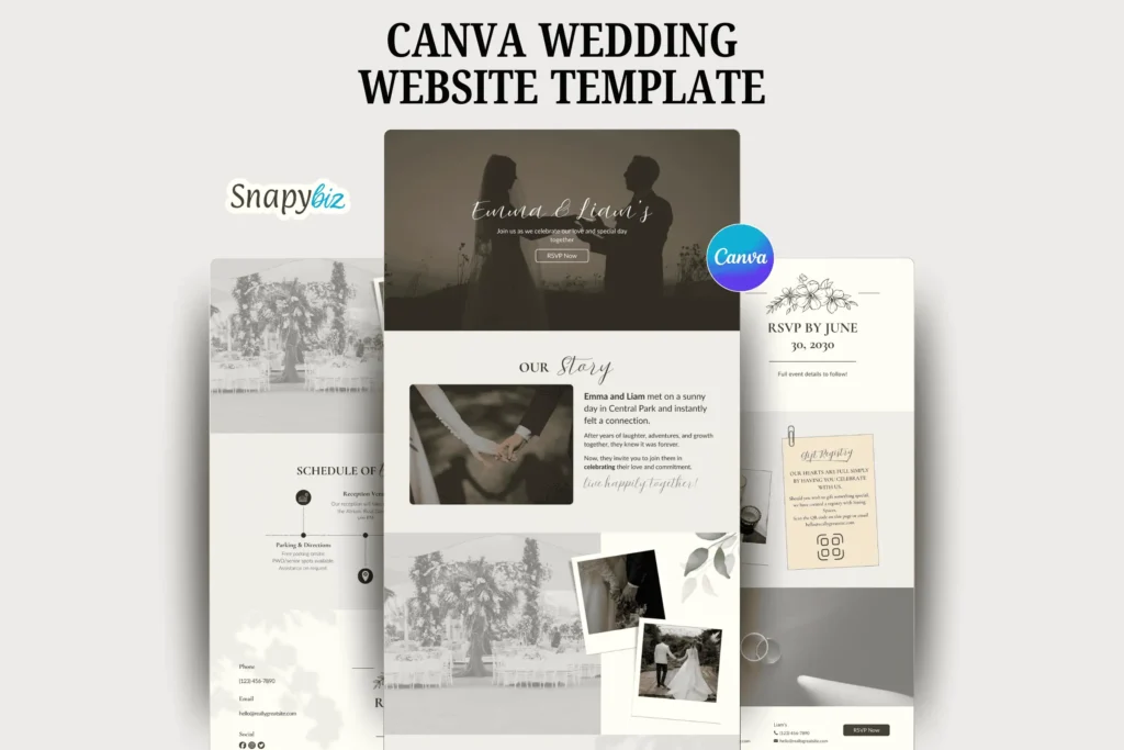 Canva wedding website template with elegant pages for RSVP, love story, schedule, gallery, and guest details, fully editable design.