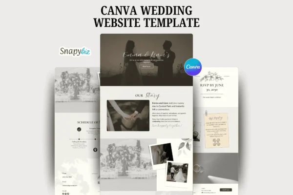 Canva Wedding Website Template Feature Images 1 Canva wedding website template with elegant pages for rsvp, love story, schedule, gallery, and guest details, fully editable design.