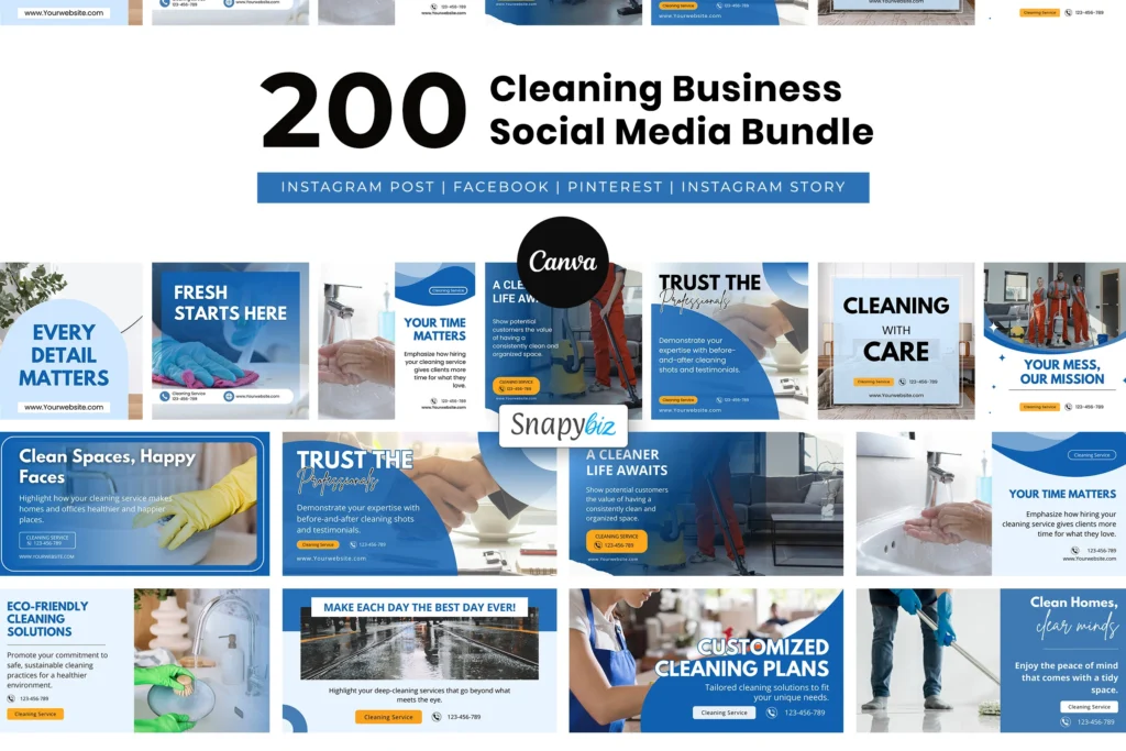 200 Cleaning Business Social Media Bundle Canva templates for Instagram, Facebook, Pinterest, and Stories