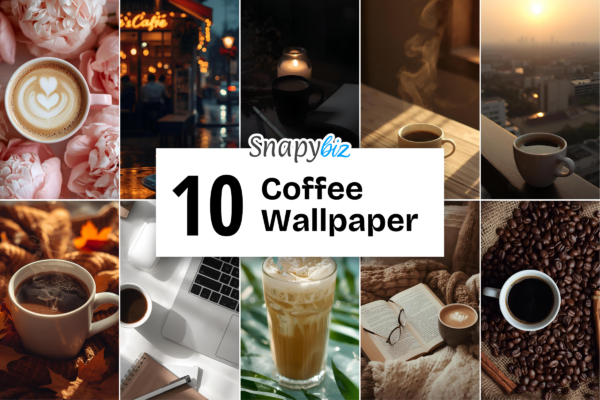 Coffee Wallpaper Feature Images 1 10 coffee wallpaper collage with cozy cups, latte art, beans, cafe scenes and snapybiz branding for android iphone screens