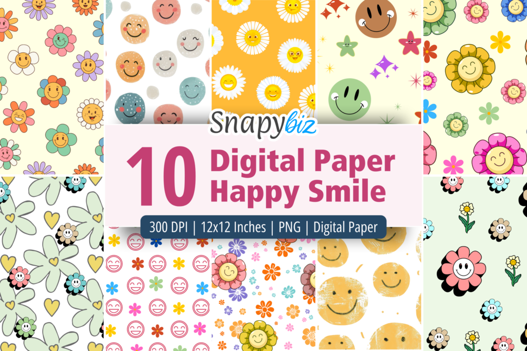 10 Digital Paper Happy Smile bundle with cute smiley faces and floral patterns, 300 DPI 12x12 PNG files