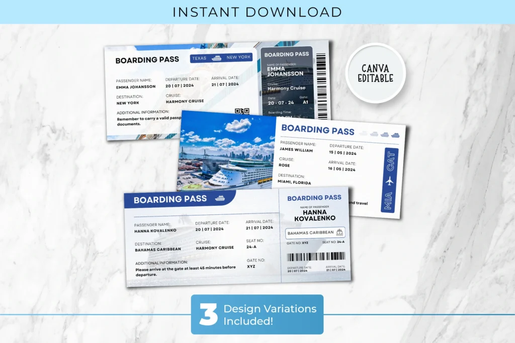 Editable cruise boarding pass Canva template with blue design, travel details, and three variations included for instant download