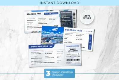 Editable cruise boarding pass Canva template with blue design, travel details, and three variations included for instant download