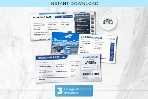 Editable Cruise Ticket Template Bp 290 Feature Image 1 Editable cruise boarding pass canva template with blue design, travel details, and three variations included for instant download