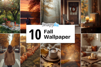 Collage of cozy fall scenes with pumpkins, candles, forest paths, sunset lake, coffee mug, and warm autumn home decor wallpaper