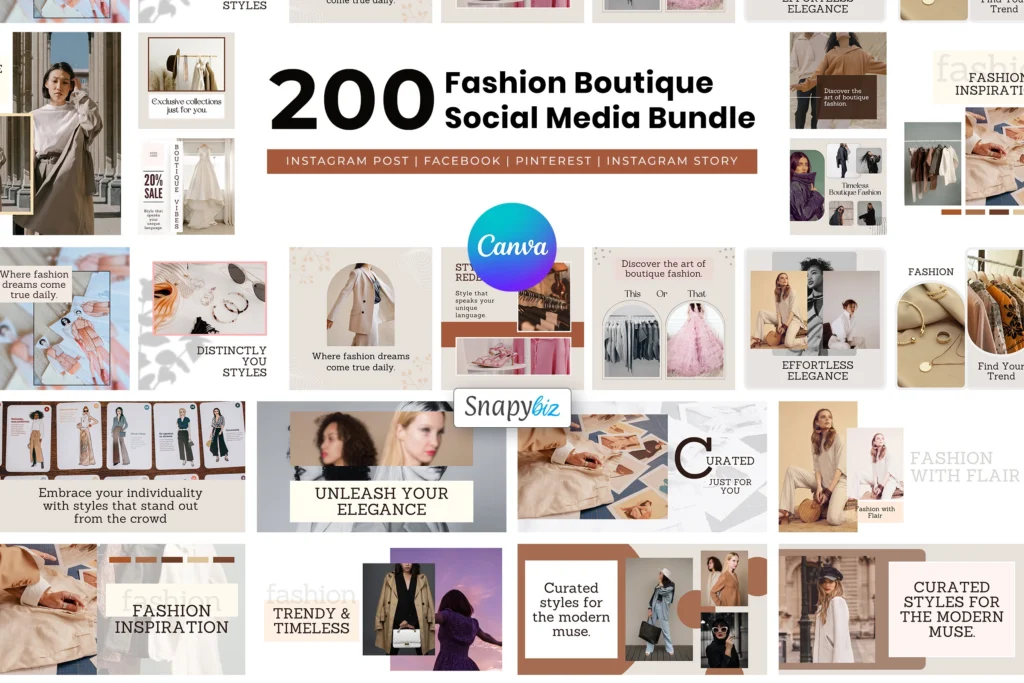 200 Fashion Boutique Social Media Bundle collage of Canva templates for Instagram, Facebook, Pinterest, stories, Snapybiz