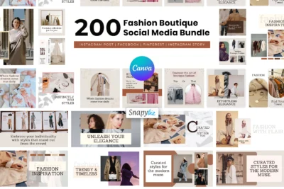 200 Fashion Boutique Social Media Bundle collage of Canva templates for Instagram, Facebook, Pinterest, stories, Snapybiz