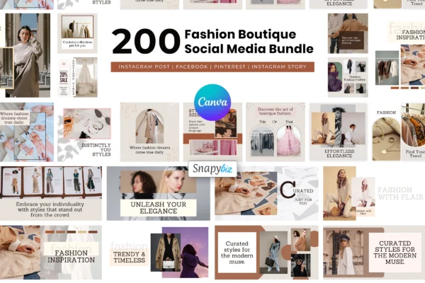 Fashion Boutique Social Media Bundle Feature Images 1 200 fashion boutique social media bundle collage of canva templates for instagram, facebook, pinterest, stories, snapybiz