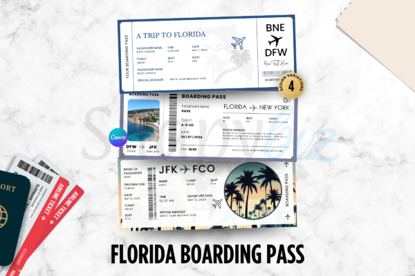 Florida Boarding Pass Canva Template Bp 401 Feature Images 1 Editable florida boarding pass canva template with surprise trip ticket design and customizable travel details