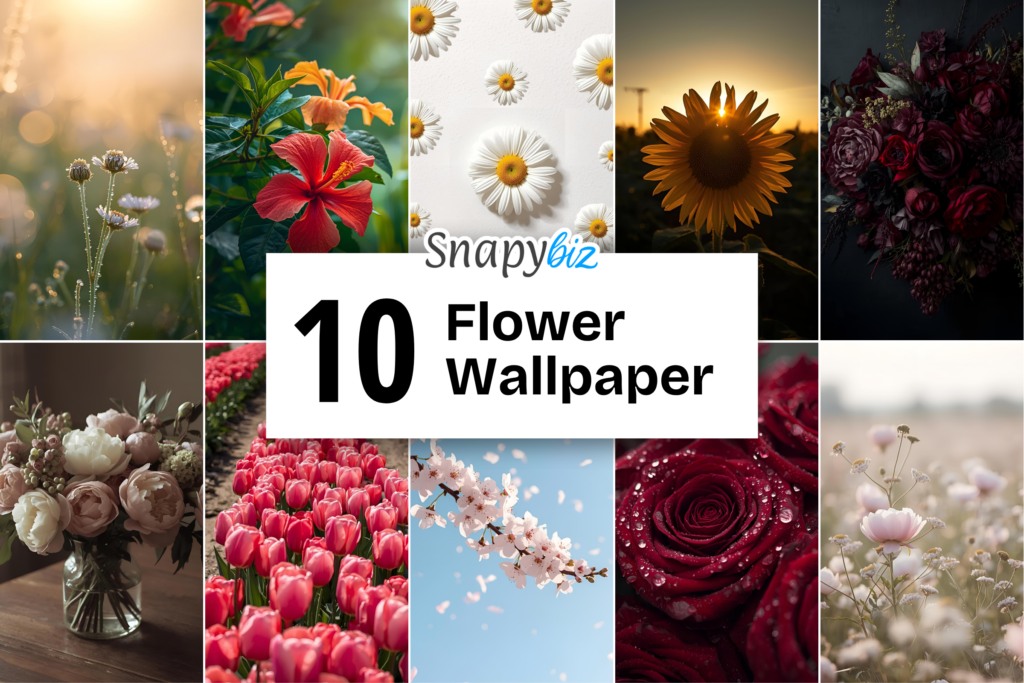 Collage of 10 aesthetic vintage flower wallpapers with roses, tulips, daisies, sunflower and Snapybiz branding text display