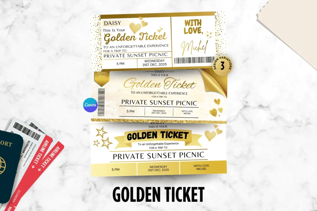 Editable golden ticket Canva template with elegant gold design, hearts, barcode details, admit one style, perfect for gifts and special experiences.