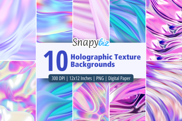 Holographic Texture Backgrounds Feature Images 1 10 holographic texture backgrounds with iridescent gradients, 300 dpi 12x12 png digital paper set