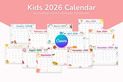 A colorful and fun Kids 2026 Calendar featuring playful designs with seasonal elements for each month, available for instant download in PDF and Canva formats.