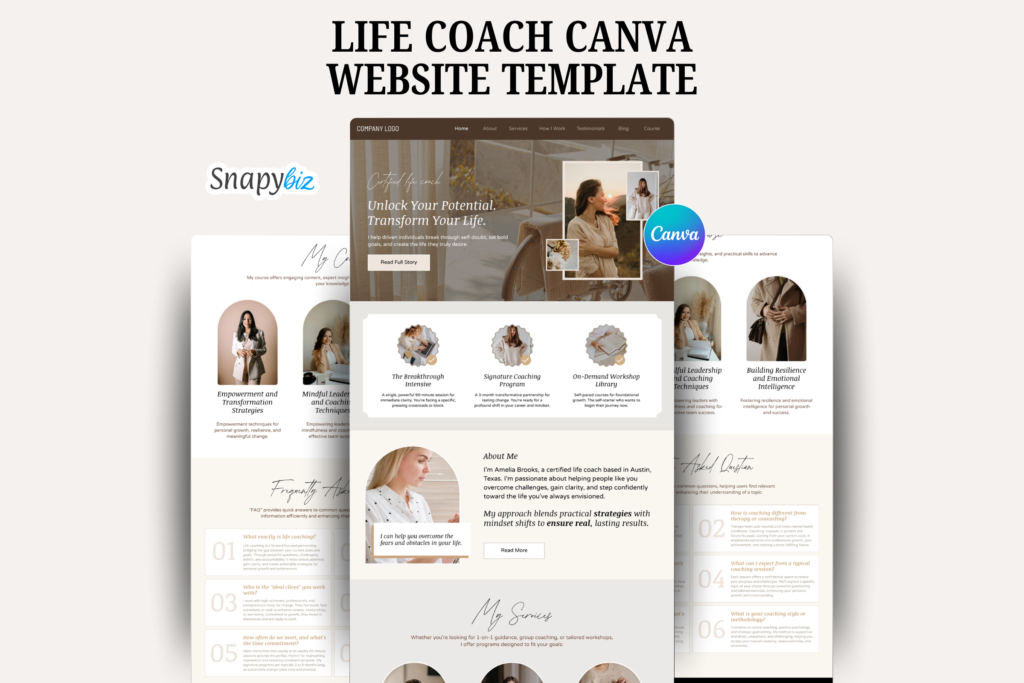 Life Coach Canva website template mockup with clean layout, coaching services sections and Snapybiz branding preview