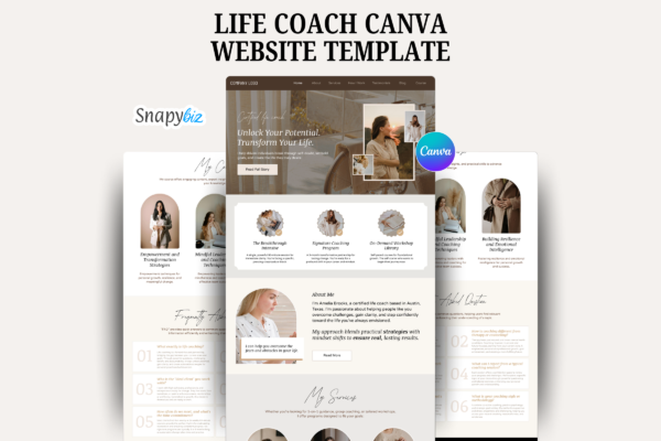 Life Coach Canva Website Template Feature Images 1 Life coach canva website template mockup with clean layout, coaching services sections and snapybiz branding preview