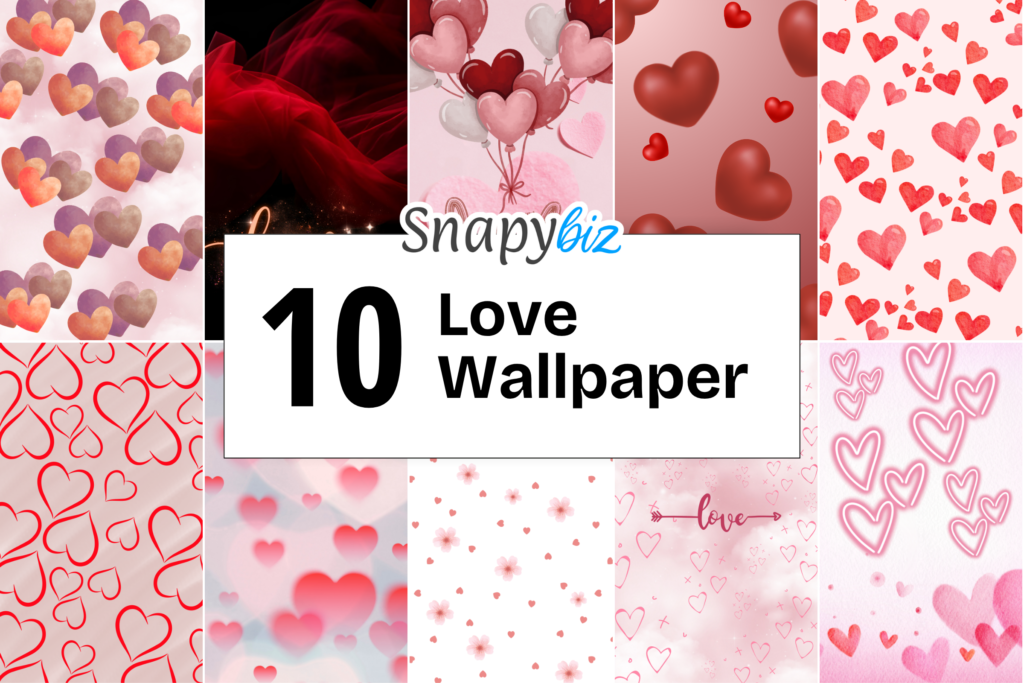Collage of romantic love wallpapers with red and pink hearts, balloons, soft glow backgrounds, and cute heart patterns collection