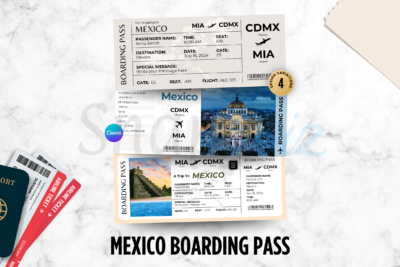 A collection of four Mexico Boarding Pass Canva templates featuring different designs with flight details, passenger names, destinations, and scenic images of Mexico. The templates are editable with Canva for customizing travel tickets.