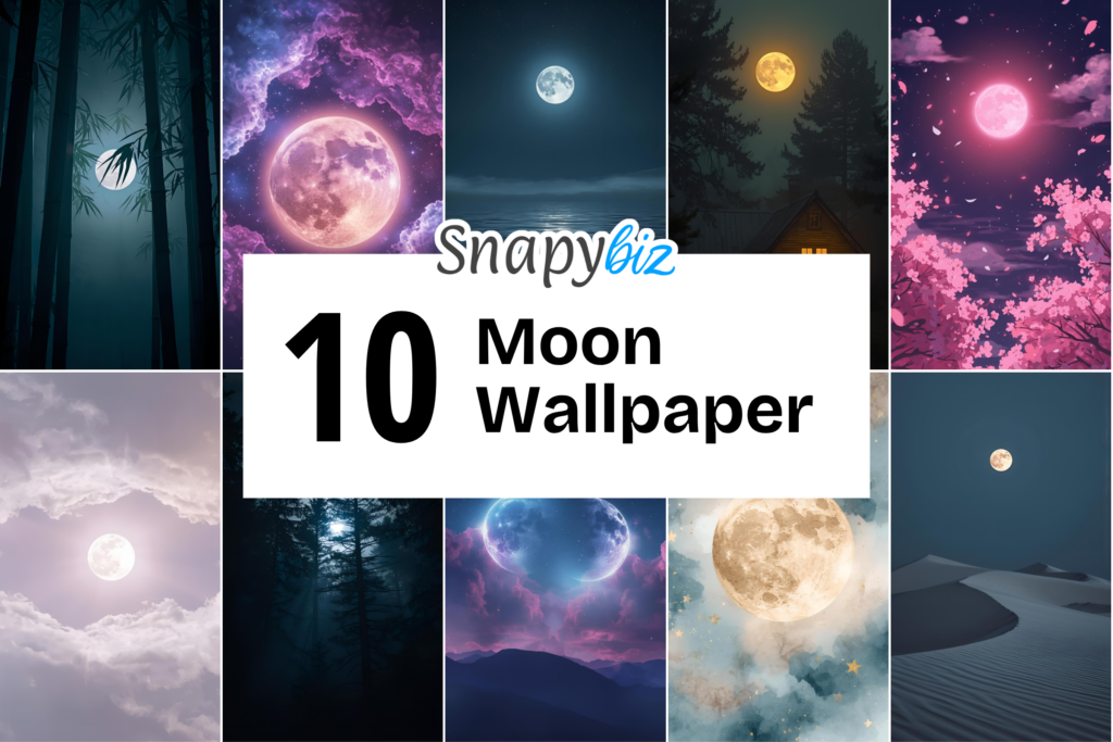 Collage of mystical moon wallpapers with glowing full moons, night skies, clouds, forest silhouettes, and dreamy celestial landscapes collection