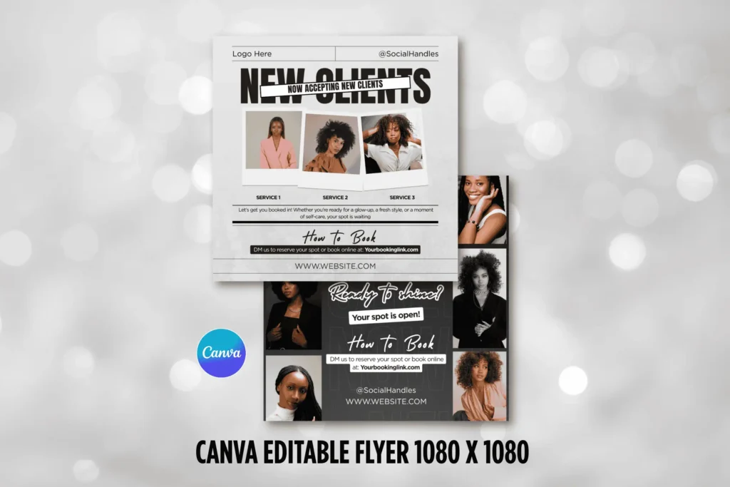 Canva editable new clients booking flyer template with modern layout, service sections, photos, booking details, and social media ready square design.