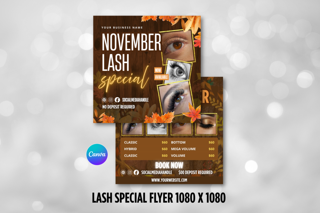 November Lash Special Canva editable flyer with autumn theme, lash service pricing, and book now details 1080x1080 design