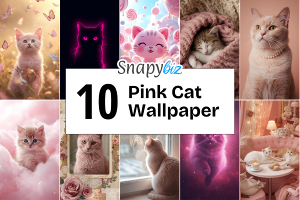 Pink Cat Wallpaper Feature Images 1 Collage of digital pink cat wallpapers with cute kittens, neon cat art, pastel backgrounds, cozy scenes, and aesthetic kitty designs collection