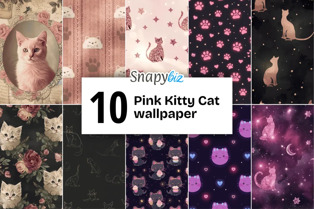 A collection of 10 pink kitty cat wallpapers featuring cute and playful designs with kittens, paw prints, stars, and floral patterns.