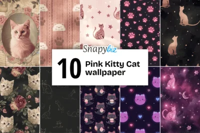 A collection of 10 pink kitty cat wallpapers featuring cute and playful designs with kittens, paw prints, stars, and floral patterns.