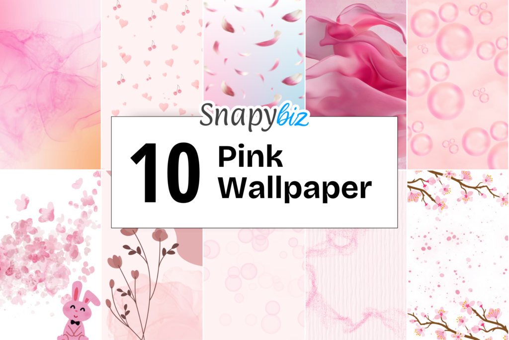 Collage of pink floral and abstract wallpapers with hearts, bubbles, cherry blossoms, soft gradients, and cute pastel designs collection