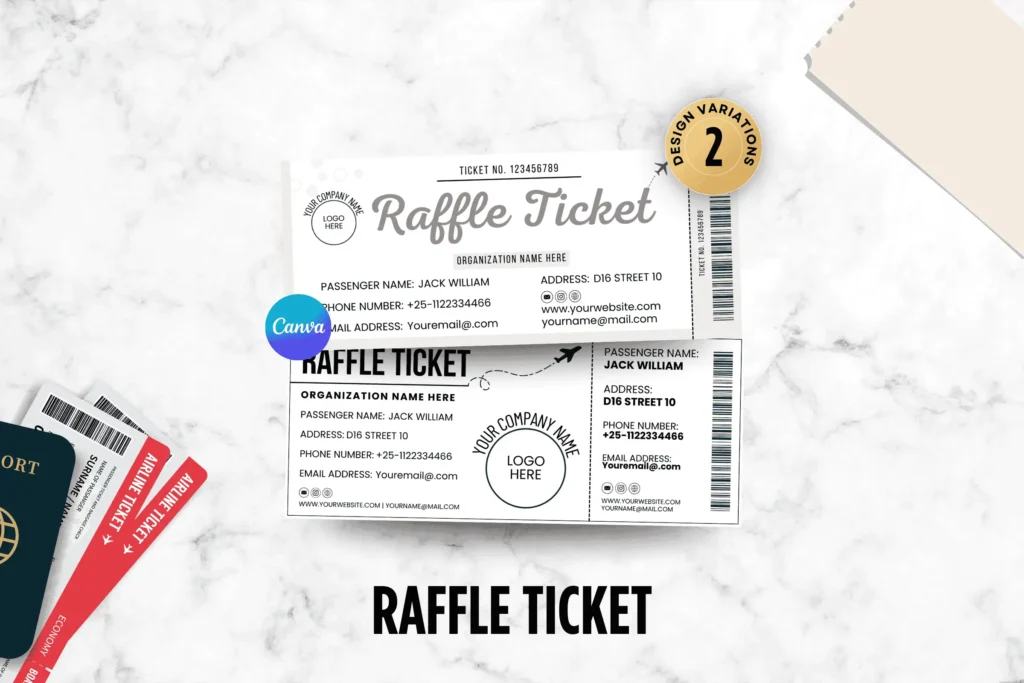 Canva raffle ticket editable template with clean layout, barcode, contact details, logo space, and printable ticket design.