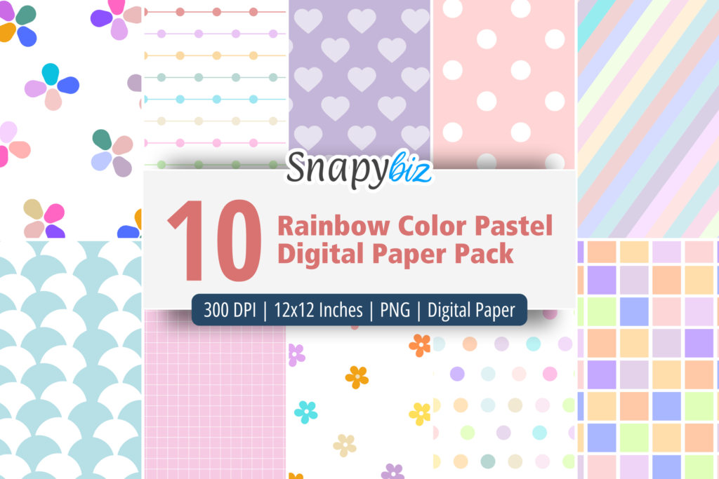 Rainbow color pastel digital paper pack collage with hearts, polka dots, stripes, grids, and soft seamless patterns collection