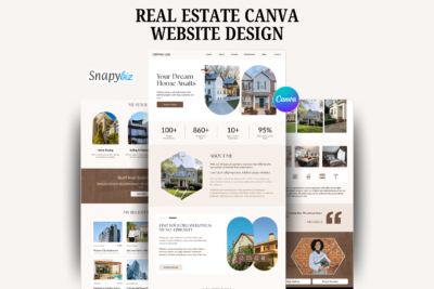 Real estate Canva website design template mockup with modern property layout and Snapybiz branding preview display