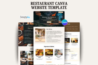 Restaurant Canva website template mockup with menu, gallery, story section, Canva badge and Snapybiz branding