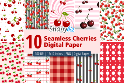10 Seamless Cherries Digital Paper bundle with red cherry patterns, stripes, gingham, and polka dots, 300 DPI PNG files