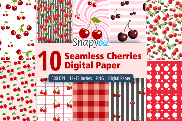 Seamless Cherries Digital Paper Feature Images 1 10 seamless cherries digital paper bundle with red cherry patterns, stripes, gingham, and polka dots, 300 dpi png files