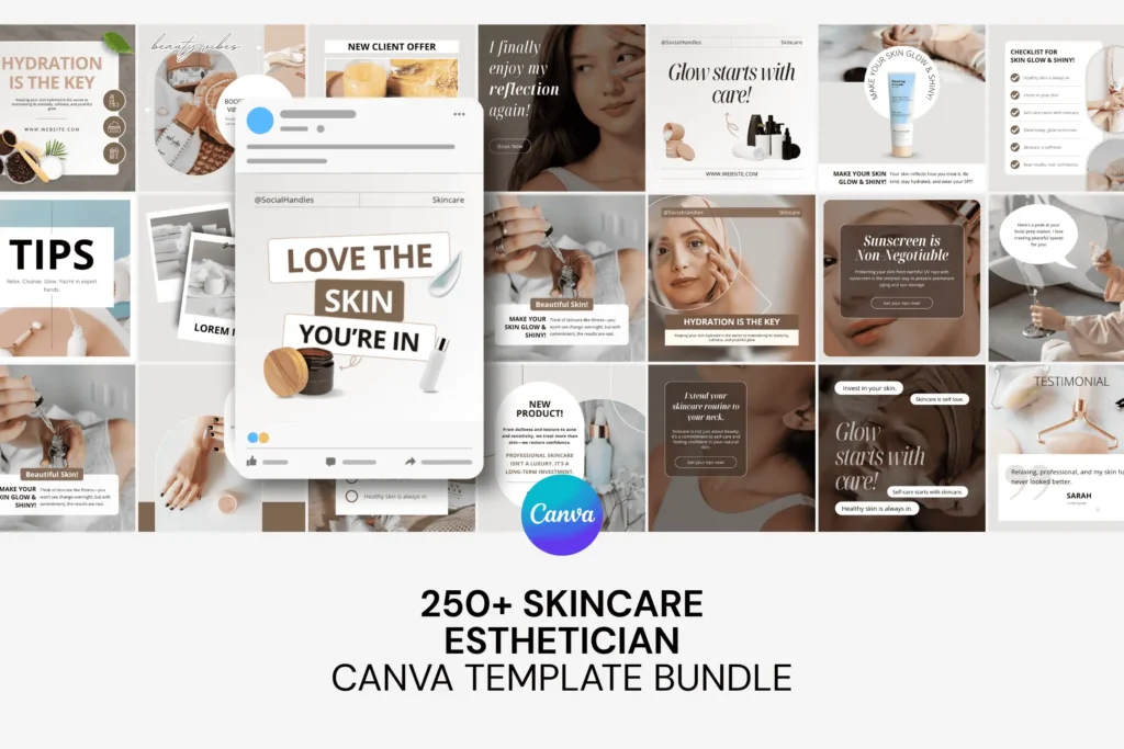A collection of Canva templates for estheticians, showcasing skincare tips, testimonials, and promotional posts in a modern, stylish layout