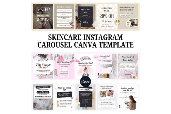 Skincare Instagram Carousel Post Canva Templates Feature Images 1 Skincare instagram carousel canva template with editable beauty posts for promos, tips, and spa marketing