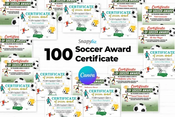 Soccer Award Certificate Bundle Feature Image 10 Canva soccer award certificate bundle with 100 editable designs, colorful illustrations, player awards, and printable certificates for teams.