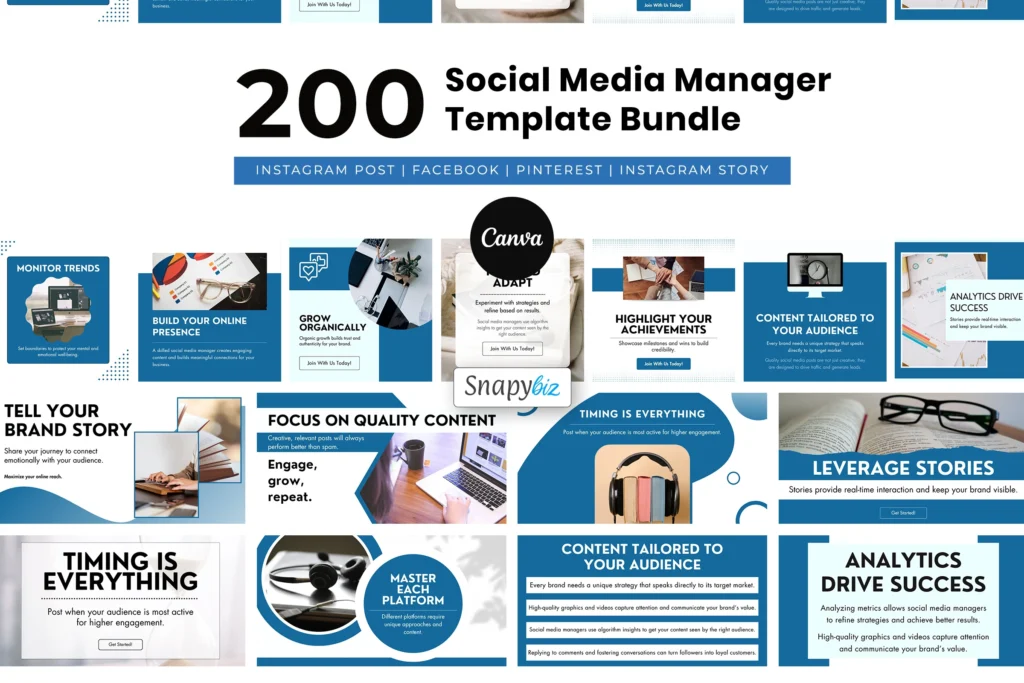 200 Social Media Manager Template Bundle Canva posts for Instagram, Facebook, Pinterest, and Stories