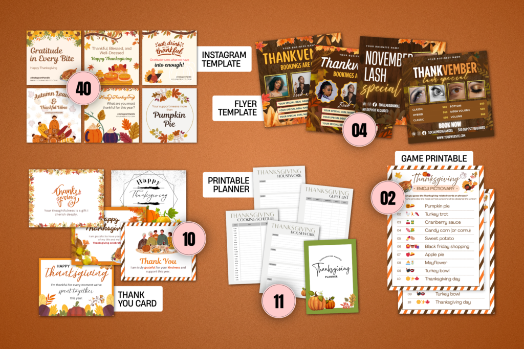 Thanksgiving bundle mockup with Instagram templates, flyers, planner pages, thank you cards, and emoji game printable designs