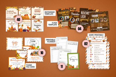 Thanksgiving bundle mockup with Instagram templates, flyers, planner pages, thank you cards, and emoji game printable designs