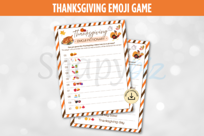 Thanksgiving Emoji Game printable with fall theme, emoji pictionary sheet and instant download badge for party fun