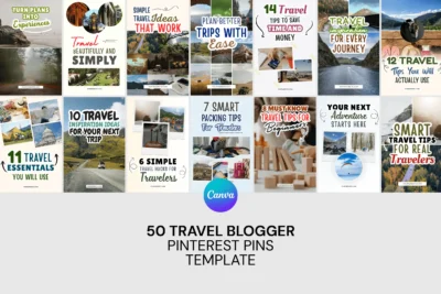 Canva travel blogger Pinterest pins template bundle with 50 editable designs featuring travel tips, inspiration layouts, and blog ready visuals.