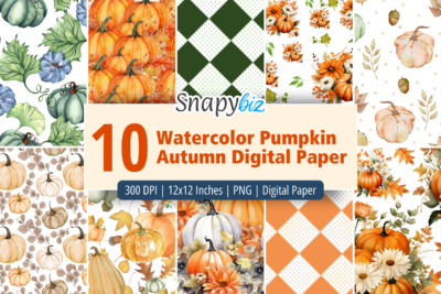10 Watercolor Pumpkin Autumn Digital Paper set with fall pumpkins, leaves, florals, and plaid patterns, 300 DPI PNG files