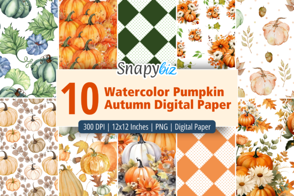 Watercolor Pumpkin Autumn Digital Paper Feature Images 1 10 watercolor pumpkin autumn digital paper set with fall pumpkins, leaves, florals, and plaid patterns, 300 dpi png files