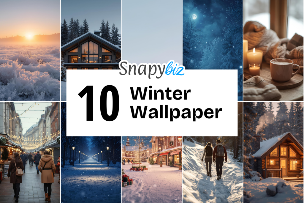 Collage of cozy winter wallpapers with snowy cabins, warm candles, festive streets, forest moonlight, and peaceful snow landscapes collection